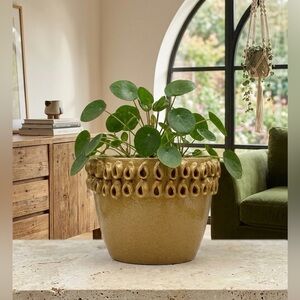 Handcrafted Spanish Ceramic Barrel Planter - Unique 8" Yellow Textured Pot